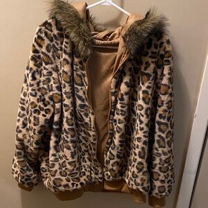 Leopard Print Faux Fur Jacket with Hood